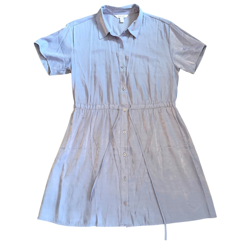 Nine West Blue Short Sleeve Silky Button Down Shirt Dress‎ women's medium